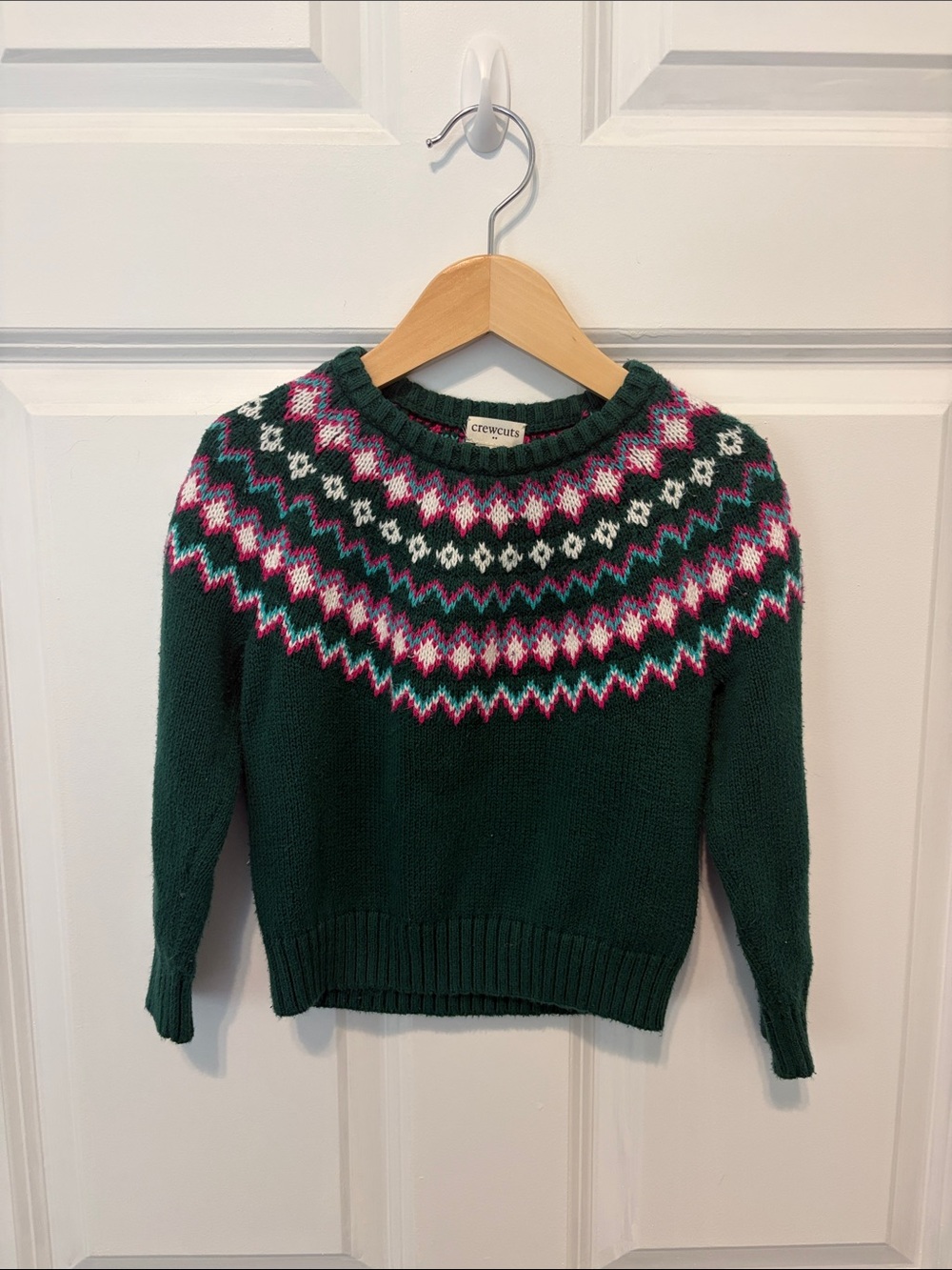 Crewcuts Green Fair Isle Crewneck Sweater with Pink, White & Teal Accents
